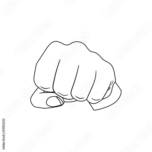 Vector Fist Hand, Outline Drawing, Black Lines Isolated on White Background.