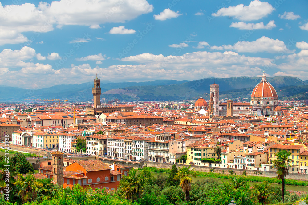Florence cityscape on a sunny day. Historic Florence city centre on blue sky background.