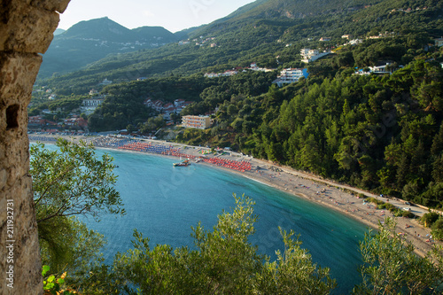 Arial view of Valtos beach, Parga town. Preveza region, Greece