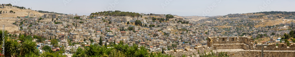 Wide panorama of buildings in East Jerusalem