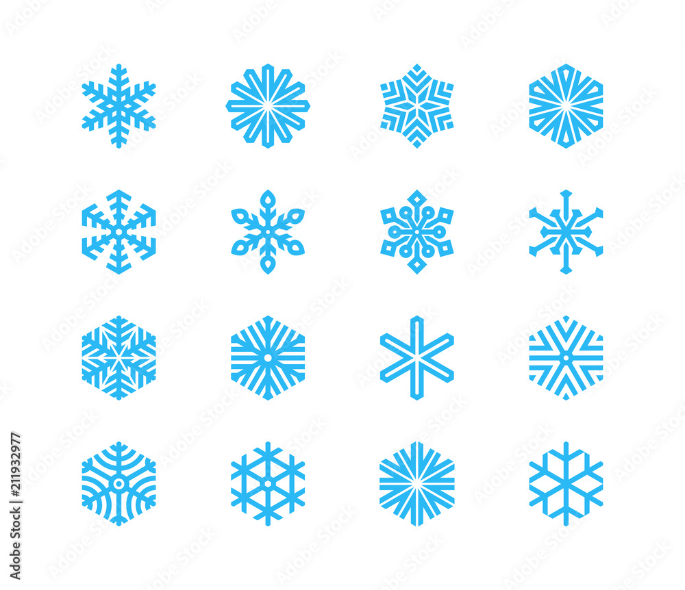 Set of snowflakes. 16 vector icons. Collection of logos for your design.