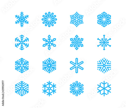 Set of snowflakes. 16 vector icons. Collection of logos for your design.