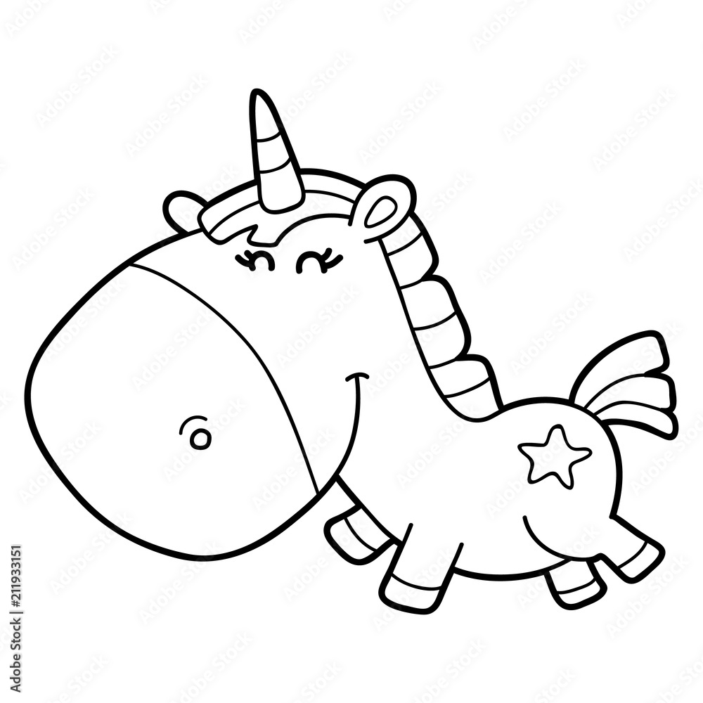Vector illustration of cute cartoon  unicorn character for children, coloring page