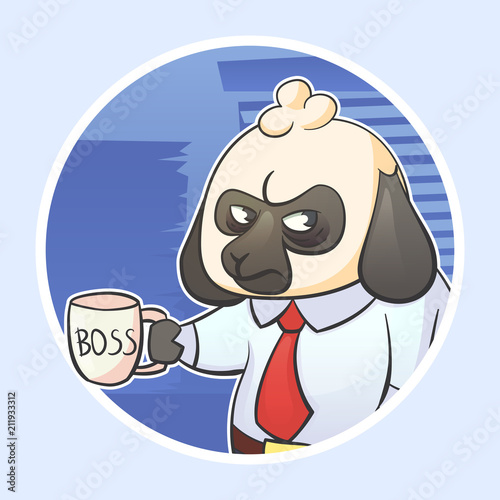 Cartoon funny sticker illustration of businessman boss sheep with a grumpy expression with mug. Hard work stress and Monday