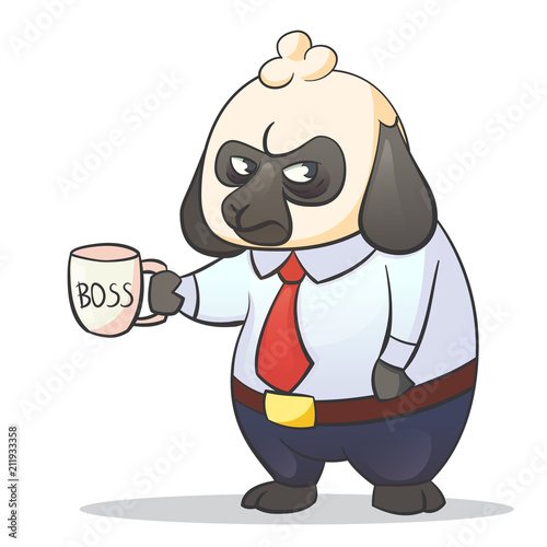 Cartoon funny illustration of businessman boss sheep with a grumpy expression with mug. Hard work stress and Monday