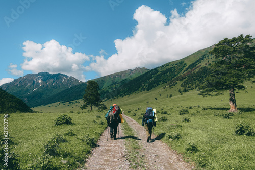 two tourists going trekking by the green mountain valley © kravtzov