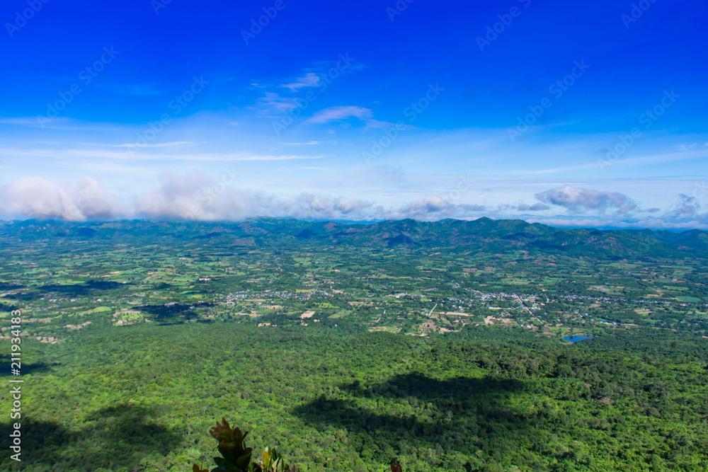 The point of view of the mountains and the town of Chaiyaphum at Pha Hum Hod in Chaiyaphum , Thailand.