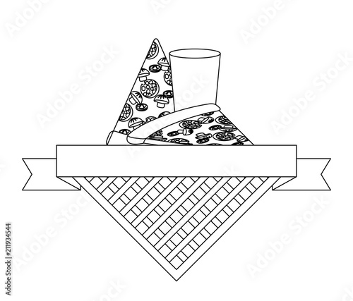 picnic emblem with pizza slices and glass over white background, vector illustration