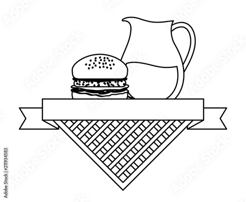picnic emblem with lemonade pitcher and hamburger over white background, vector illustration