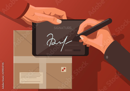 Flat illustration on the theme of digital signature with package