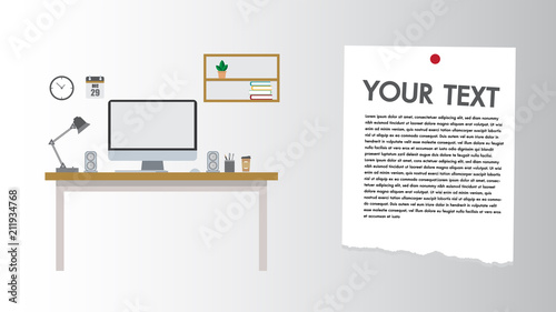 Modern Desk flat design computer set workplace documents and stationary is workplace with copy space for ypur text vector illustrator.