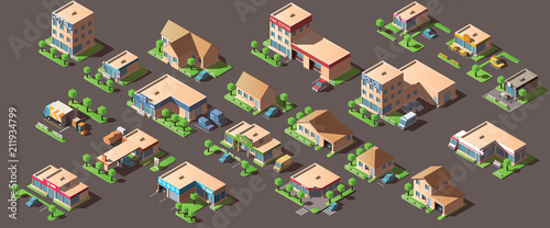 Vector set with isometric city buildings.