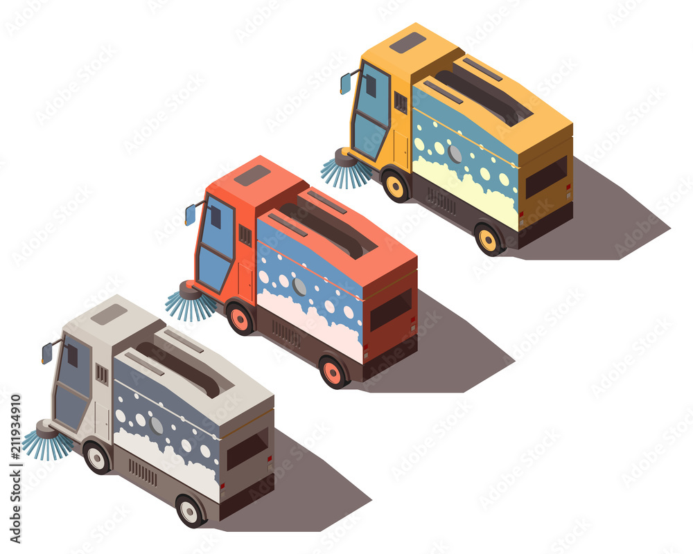 Isometric street sweeper machine isolated Isometric street sweeper machine isolated