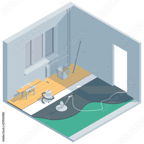 Isometric illustration on the theme of room renovation. Laying of laminate and screed.