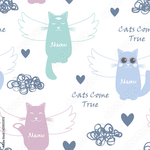 Seamless pattern with flying cats