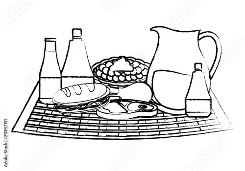 picnic tablecloth with lemonade pitcher and food over white background, vector illustration