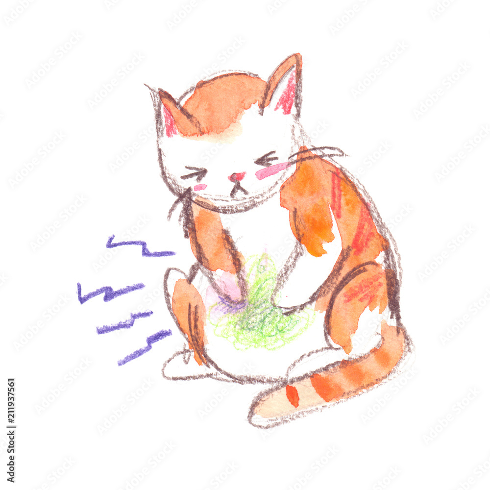 Obraz Cute red cartoon cat suffering from stomach ache. Illustration painted in watercolor on clean white background