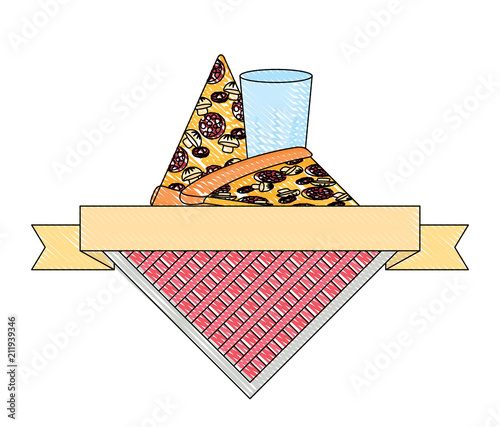 picnic emblem with pizza slices and glass over white background, vector illustration