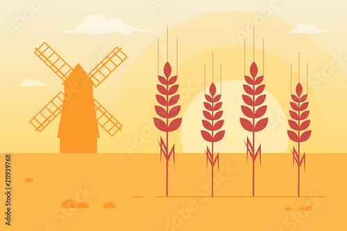Wheat Field Background. Flat Design Style.