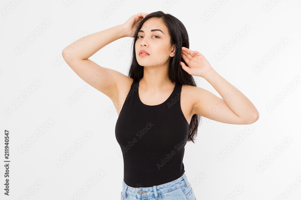 Woman perfect armpit. Asian japanese girl isolated on white background. Summer template blank t shirt clothes. Copy space. Mock up. Spa and skin care concept. Make up Woman perfect armpit. Asian japanese girl isolated on white background. Summer template blank t shirt clothes. Copy space. Mock up. Spa and skin care concept. Make up