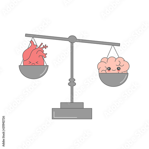 cute cartoon vector heart and brain on scales funny concept illustration