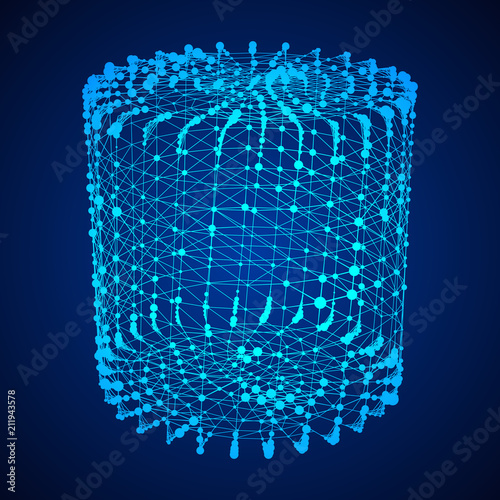 Big data visualization. HUD wireframe mesh cylinder with dot and lines. Analysis of information. Visual data infographics design. Science and technology. Digital Data Vector Illustration.