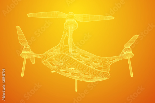 Remote control air drone. Dron flying with action video camera. Wireframe low poly mesh vector illustration