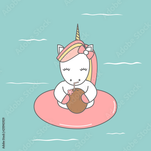 cute cartoon colorful unicorn with float in the sea summer vector illustration