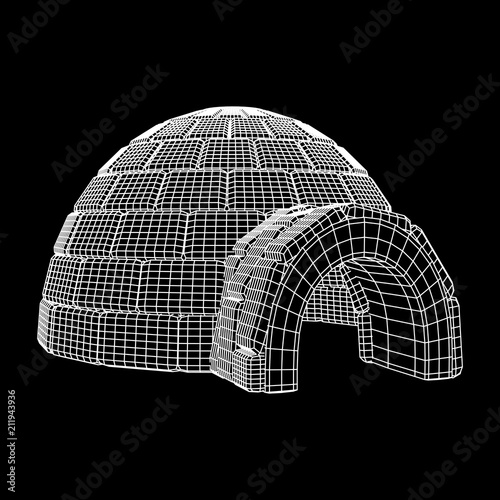 Igloo icehouse. Snowhouse or snowhut. Eskimo shelter built of ice. Wireframe low poly mesh vector illustration