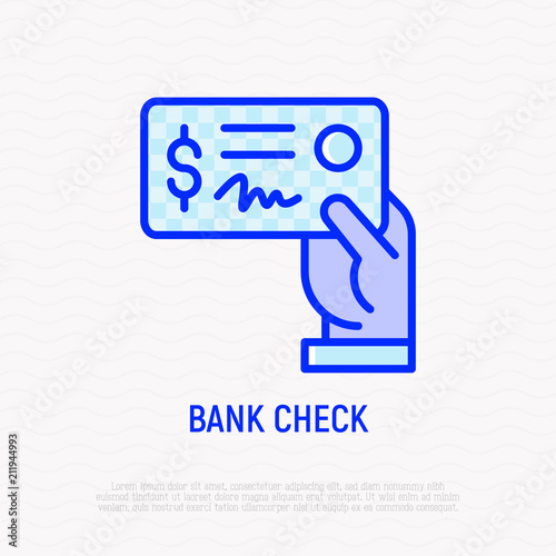 Bank check in hand thin line icon. Modern vector illustration.