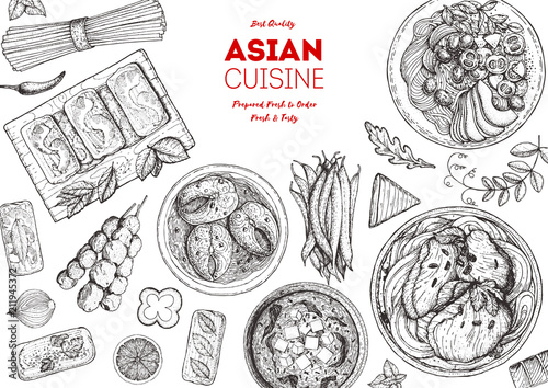 Asian cuisine sketch collection. Hand drawn vector illustration. Food menu design template, engraved elements. Food set.