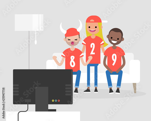 Group of young football fans watching the TV and supporting their team. Flat editable vector illustration, clip art