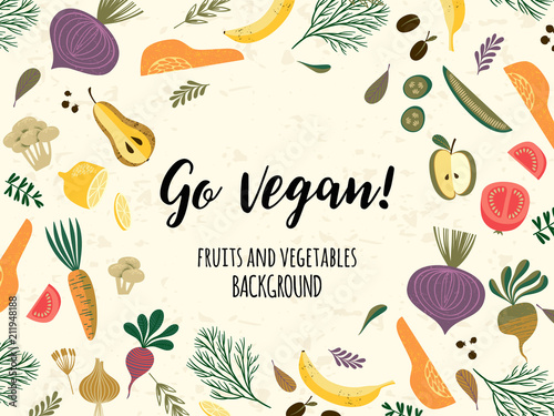 Vector teplate with vegetables and fruit. Vegan concept.