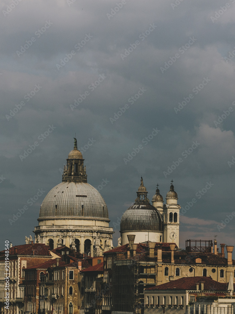 Basilica di Santa Maria della Salute and traditional Venetian houses viewed from Accademia Bridge in Venice, Italy