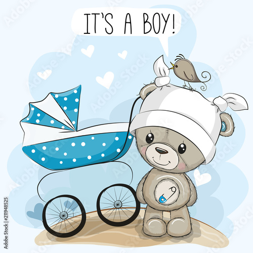 Greeting card its a boy with baby carriage and Teddy