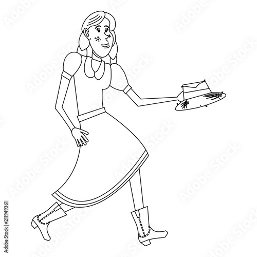 Cartoon farmer woman with peasant hat icon over white background, vector illustration