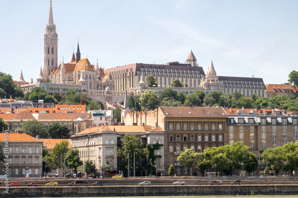 The panoramic cityscape of the historical Buda castle, the old architecture of the Buda hill and the Danube river in Budapest, Hungary