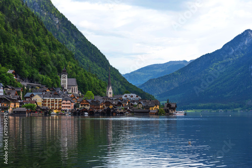 Scenic postcard view of the famous Hallstatt in the Austrian Alps in the summer morning, Salzkammergut district, Austria. View from the south © Ekaterina Loginova