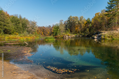 Autumn landscape with lake in the forest. Green and orange foliage on daylight. Scenic background. Transparent clean water. 