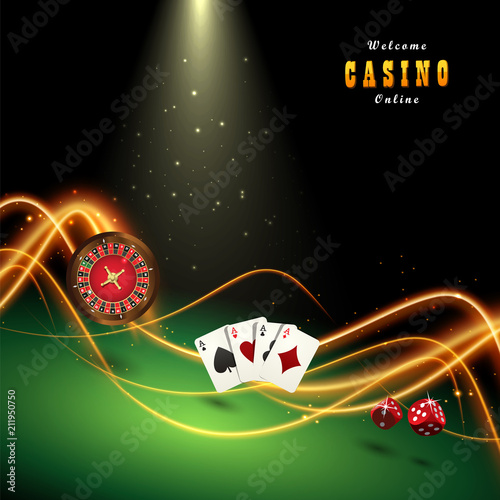 Design casino banner. Template with playing cards, dice, roulette.