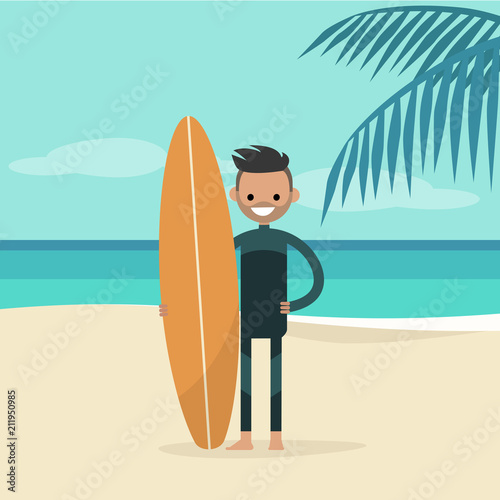 Young happy surfer wearing a wetsuit and holding a surfboard. Summer. Tropical beach. Flat editable vector illustration, clip art