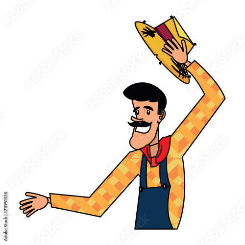 cartoon farmer man with a peasant hat icon over white background, vector illustration