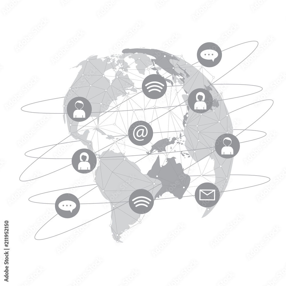 Worldwide connection concept.  Global communications network. Globe on High-tech technology background texture in gray. Stock vector. Vector illustration EPS10.  