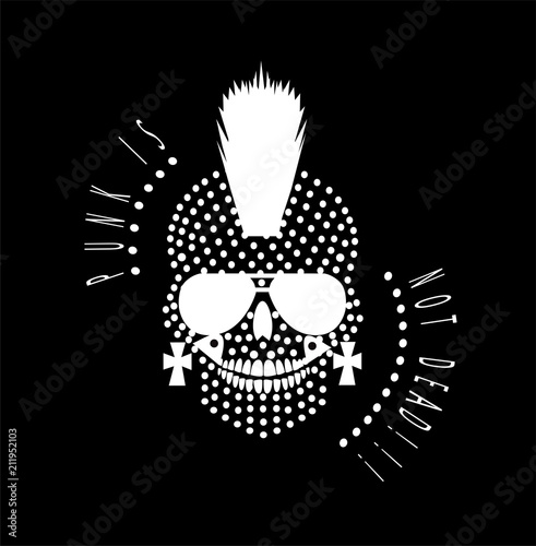 Punk is not dead skull icon with sunglasses and dots