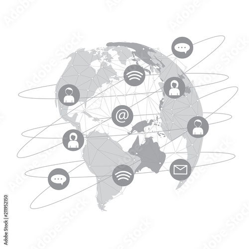 Worldwide connection concept.  Global communications network. Globe on High-tech technology background texture in gray. Stock vector. Vector illustration EPS10.  