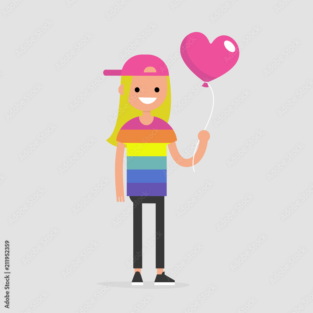 LGBT, LGBTQ+. Young smiling character wearing a rainbow t shirt and holding a heart shape balloon. Flat editable vector illustration, clip art LGBT, LGBTQ+. Young smiling character wearing a rainbow t shirt and holding a heart shape balloon. Flat editable vector illustration, clip art