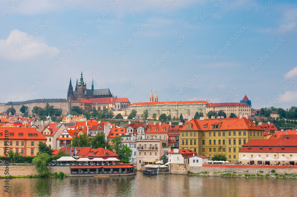 View on Vltava river and St.Vitus cathedral in Prague, Czech Republic