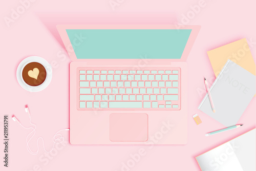 Workspace flat lay stationery in paper art style with pastel color scheme