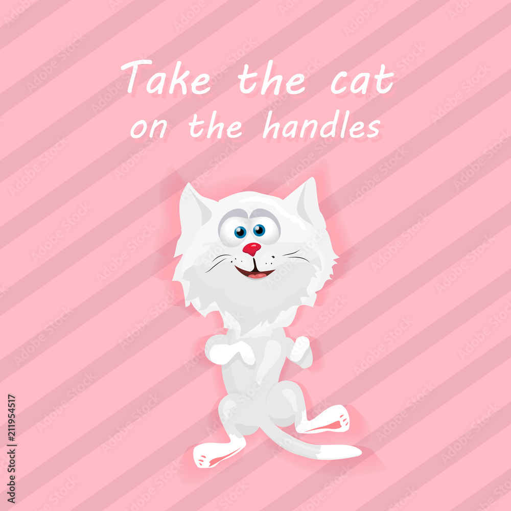 white cute and happy cat lying on his back and smiling cute. Vector illustration. alphabetic designation