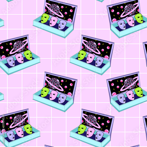 Cosmic seamless pattern with alien masks in a box patches, planets, etc. Pink grid background.